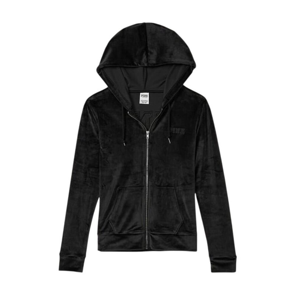PINK Victoria’s Secret Black Velour Full Zip Logo Hoodie Jacket Large